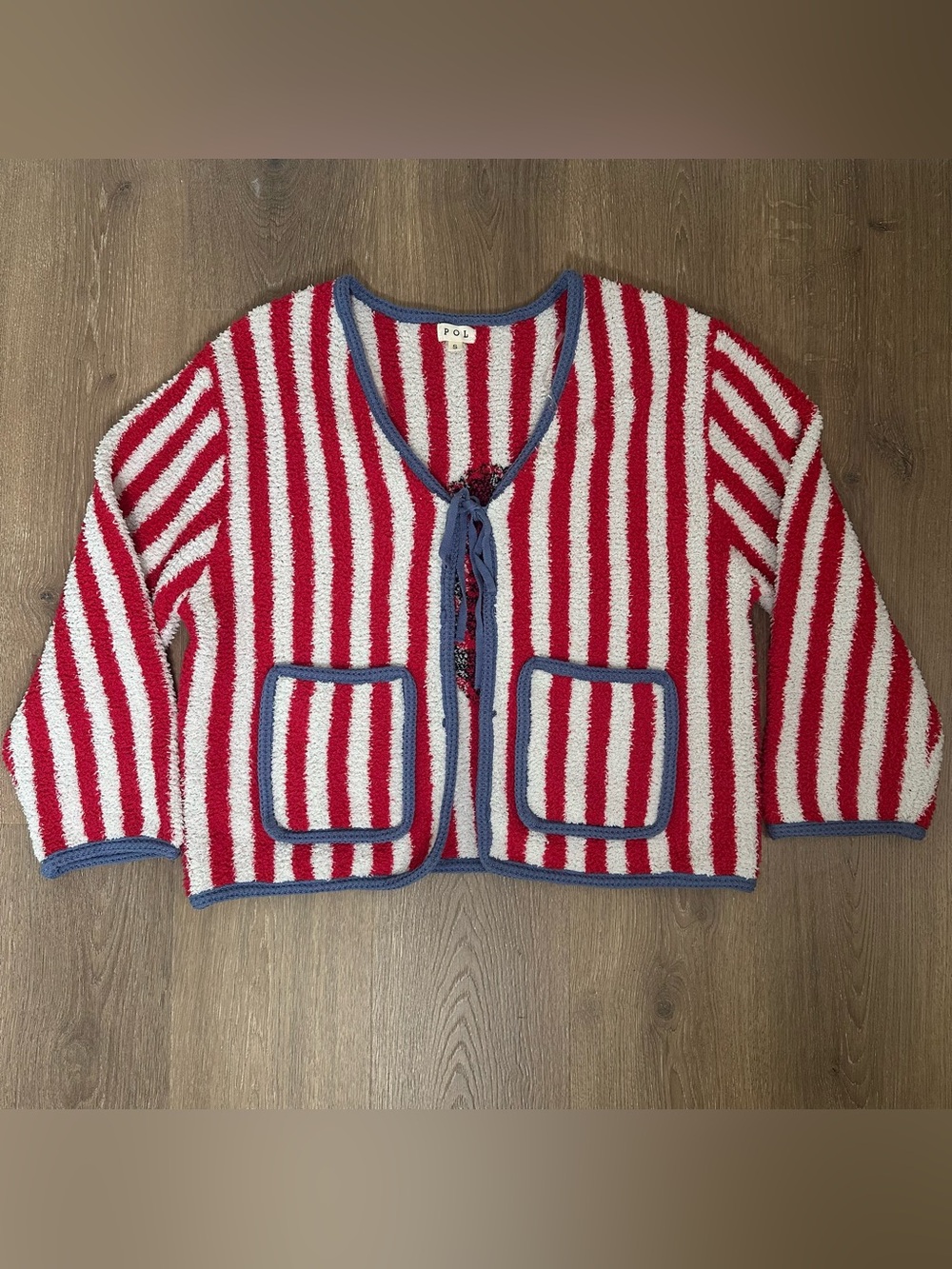 POL Red and White Striped Open-Front Cardigan w/ Blue Trim Sz S CottageCore Rose - Picture 5 of 16